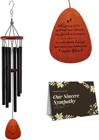 Pet Memorial Wind Chimes for Loss of Dog & Cat Passed Away Remembrance Gift with Sympathy Card for Grieving Pet Owners Paw Print Design with Memorial Poem (Black) in Kuwait