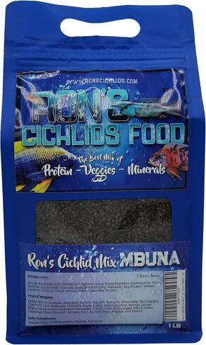 RON'S CICHLIDS African Cichlid Fish Food, Premium Tropical Fish Food Pellets with Protein, Veggies & Fruits for Healthier, Brighter & Bigger Tropical Fish & Cleaner Tanks, Mbuna Blend, 1 LB in Saudi Arabia