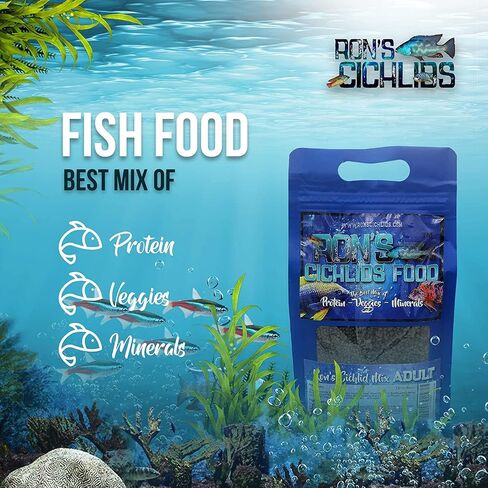 RON'S CICHLIDS African Cichlid Fish Food, Premium Tropical Fish Food Pellets with Protein, Veggies & Fruits for Healthier, Brighter & Bigger Tropical Fish & Cleaner Tanks, Mbuna Blend, 1 LB in Saudi Arabia