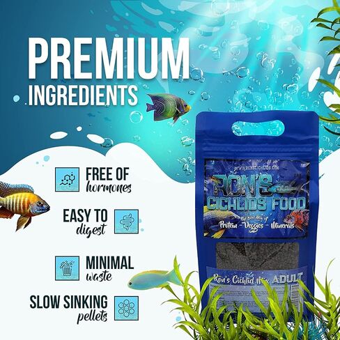 RON'S CICHLIDS African Cichlid Fish Food, Premium Tropical Fish Food Pellets with Protein, Veggies & Fruits for Healthier, Brighter & Bigger Tropical Fish & Cleaner Tanks, Mbuna Blend, 1 LB in Saudi Arabia