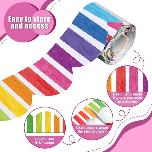 Zonon 65.6 Ft Colorful Stripe Bulletin Board Borders Rainbow Color Scalloped Borders Decorative Stripe Bulletin Board Trim for School Classroom Chalkboard Office Decoration in Saudi Arabia
