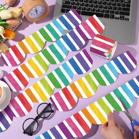 Zonon 65.6 Ft Colorful Stripe Bulletin Board Borders Rainbow Color Scalloped Borders Decorative Stripe Bulletin Board Trim for School Classroom Chalkboard Office Decoration in Saudi Arabia