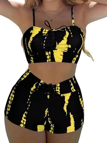 SHENHE Women's Tie Dye Bathing Suit Drawstring High Waisted Bikini Sets Swimsuit Black Solid Small in Saudi Arabia