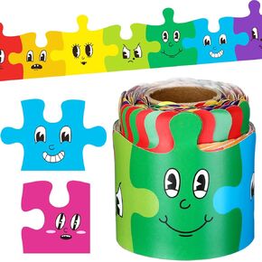 65.6 ft Colorful Puzzle Bulletin Board Borders Autism Awareness Puzzle Border Trim Puzzle Paper Cutouts Classroom Decorations for Preschool Chalkboard Desks Windows Doors Party Gifts Favors Supplies