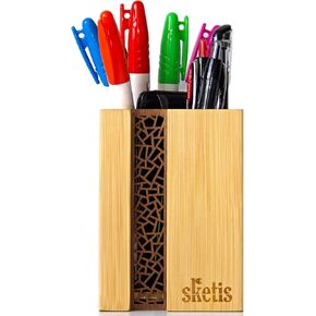 Premium Bamboo Wood Organizer—Multi-purpose Pen, Pencil, Crayon, Marker, Brush, Ruler, Tube Holder for Office Supplies, Desk Stationery, Arts & Crafts and School & Home (3.14x 3.14x 4.33 Inch)