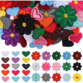 60 Pcs Iron on Patches, Flower & Heart Ironed-on Patch, Cute Mini Hearts Iron-on sew-on Patches, Daisy Flower Heart Patch, Colorful Small Embroidery Applique for Clothes, Jeans, Jackets DIY Accessory