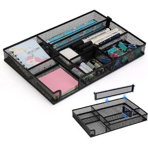 SANWICH Desk Drawer Organizer Tray, Mesh Drawers Organizers Tray with 2 Adjustable Compartments, Desk Organizer and Accessories for Office Supplies, Cosmetics and Dresser (Black) 2-Pack