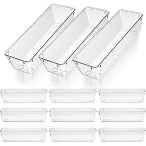 Maquita 12 PCS Driter Drigher Organizer 9 × 3 × 2 بوصات أواني بلاستيكية واضحة منظمي المطبخ درجات المطبخ لأدوات المكتب Silverware Officels مستحضرات التجميل والحمامات (واضحة)