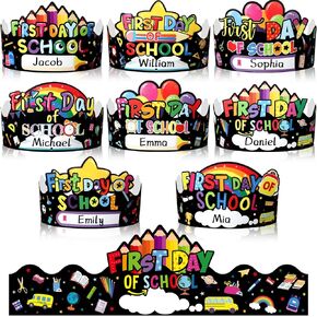 48 Pcs First Day of School Paper Caps Decorations DIY Personalized Name Paper Crowns Hats Bulk for 2025 First Day of School Party Supplies Favor