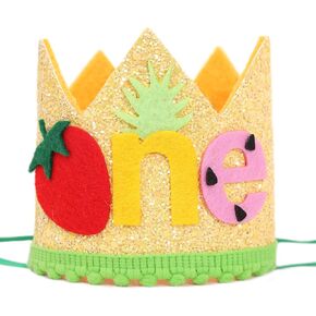 Sensory Fruit 1st Birthday Hat - Fruity Birthday Crown, Dancing Fruit Birthday Decoration, Pineapple and Strawberry Birthday Decors (yellow birthday crown)