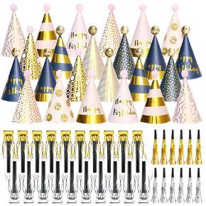 56 Pcs Pink and Gold Birthday Party Hats Gold Cone Hats Includes 24 Birthday Paper Hats and 32 Noise Makers for adults kids women