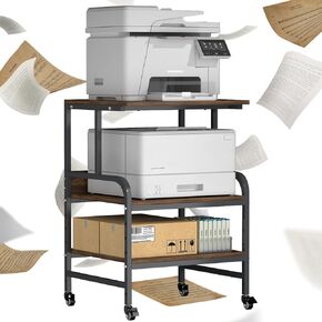 Printer Stand with Storage, 32.48 x 22.05 x 18.9 Large Printer Cart for Scanner, Fax, 3-Tier Adjustable Shelves, Home Storage Table for Fridge, Record Player Stand for Albums, Black Ebony