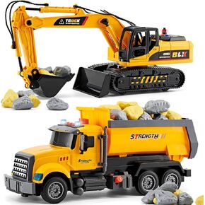 2 Pack Large Construction Engineering Truck Toys,Moveable Claw Excavator & Lifting Back Dump Truck Toy for 3 4 5 6 7 8 Years Old Boys Kids Childs Toddlers Birthday Christmas GIFS