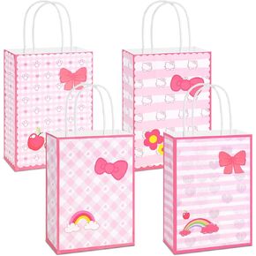HIYZI 24 PCS Pink Kitty Themed Party Paper Bag Set Cute Cat Gift Bags Pink Bow Dot Flower Rainbow Candy Treat Bags Birthday Goodie Bags for Baby Shower Party Decoration Supplies