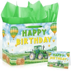Tractor Birthday Decorations Tractor Birthday Gift Bag with Wrapping Paper and Card Large Green Tractor Themed Party Wrapping Paper Bag with Handle Goodie Gift Bags for Summer Spring Party Supplies