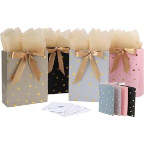 4-Pack 10.6" Medium Gift Bag Set with Handles, Greeting Card, Tissue Papers and Stickers for for Women Girls Men Boys Kids Teens for Birthday Party, Shopping, Wedding, Mother’s Day, Gold Foil Dots design, 4 Pcs