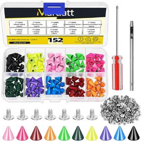 Mardatt 152Pcs 7x12MM Bullet Cone Spikes Studs Cone Spikes Punk Studs and Spikes Metallic Screw Back Spikes Kit with Hole Punch and Screwdriver for DIY Leather Punk Style Accessories