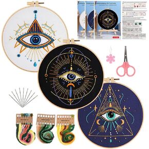 Konrisa 3 Pcs Embroidery Kits with Tarot Cards and Eyes Pattern, Stamped Embroidery Starter Kit for Beginners Adults Needlepoint Kits DIY Sewing Cross Stitch Practice Kit Home Decoration