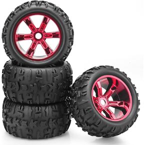 1/8 RC Truck Tires and Wheels, daitoku 17mm Hex Off-Road RC Car Tires Wheels Set with Electroplated Hubs for Traxxas Maxx E-Revo 2.0 3.3 Summit Revo 3.3 Arrma Kraton Outcast 4-6S (Red)