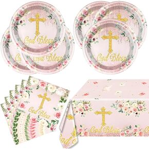 Pink God Bless Tableware Set,First Communion 20 Plates and 20 Napkins and Tablecloth51'' x 86'',For Newborn Baptism Church Party Decoration