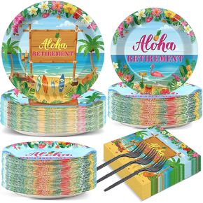 200PCS Tropical Hawaiian Luau Retirement Party Plates Napkins Happy Retirement Party Paper Tableware Set Summer Aloha Disposable Dinnerware for Hawaiian Beach Happy Retirement Party Supplies Serve 50