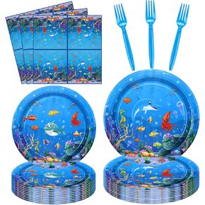 160 Pack Ocean Sea Party Plates Under the Sea Tableware Set Ocean Animal Birthday Party Plates - Ocean Animal Paaper Plates, Napkins Kid’s Party Decoration Serves 40