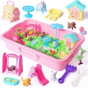 Billeeit Pet Sensory Bin Sand Toy with 2.2lbs Green Magic Sand, Dog ＆ Cat Play Sand Kit for Boys and Girls Including 28pcs Accessories Total, Sand Box Toys Gift for Kids 3+ Indoor Creativity