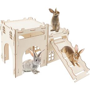 Rypet Large Wooden Rabbit Castle Bunny House, Sturdy Wood Bunny Castle with Stair, Detachable Rabbit Hideaway Breathable Small Animal Indoor Playhouse for Rabbits Hamster Guinea Pig Chinchilla Ferret