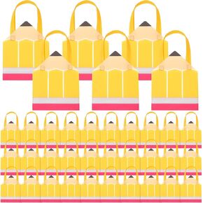 Xuniea 36pcs 7.9x 8.5inch Pencil Shaped Non Woven Gift Handbags Back to School Party Favor Bags First Day of School Goody Candy Handbags Reusable Teacher Gift Handle Candy Bags Bulk Party Supplies
