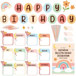 97pcs Happy Birthday Bulletin Board Decorations Set Boho Classroom Bulletin Decor Happy Birthday Board Cutouts for School Classroom Chart Calendar Wall Decor