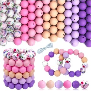 120 Pcs 15mm Silicone Beads for Keychain Making Bracelets Pink Purple Printed 6 Mixed Colors Silicone Round Beads Bulk for Crafts Pens Making