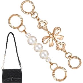 Xindojuz 2 PCS Bag Extender Chain, Metal Pearl Extender Chains, Bow Pattern Purse Strap Replacement Making Supplies for Purses, Handbags, Bags, Wallet, Coach Decoration (Gold, White)