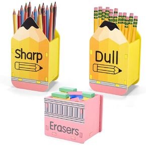 2pcs Pencil Shaped Dull and Sharp Pencil Holders, Wooden Desk Storage Organizer Caddy with Eraser Container Stationery Dispenser Office Classroom Teacher Student Gift Back to School Essentials