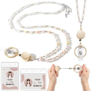 Lanyards for ID Badges and Keys, Retractable Teacher Lanyard for Women, Natural Stone Beaded Lanyard with ID Holder, Cute Lanyards