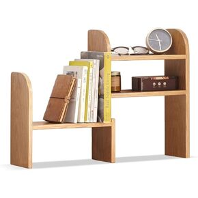 Standing Bookcase Natural Oak Desk Bookshelf Expandable Desktop Organizer Table Top Bookcase, Extension Book Rack Adjustable for Office and Home Desktop Book Stand