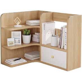 Standing Bookcase Desktop Bookshelf 3-Tier Countertop Bookcase Office Supplies Wood Desk Organizer Accessories Display Rack with 1 Drawer Desktop Book Stand(A)