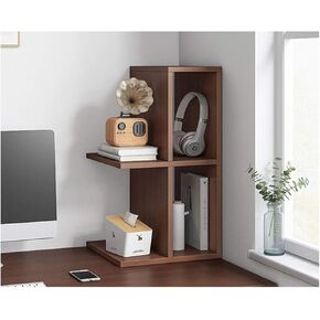 Standing Bookcase Bookshelf Wood Countertop Bookcase Dark Walnut Wood-Look Storage Shelf Office Supplies Desk Organizer Display Rack, Brown Desktop Book Stand(B)