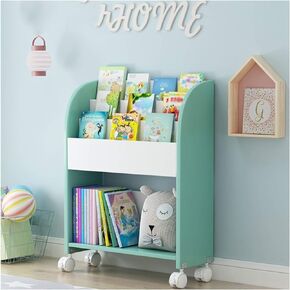 Standing Bookcase Children's Bookshelf Wood Book Cart Library Cart Shelving Storage Unit with Wheel Casters for Living Room Bedroom and Home Office Desktop Book Stand(D)