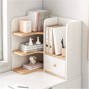 Standing Bookcase Desktop Bookshelf with 1 Drawer Wood Countertop Corner Bookcase Office Supplies Save Space Desk Organizer Accessories Display Rack Desktop Book Stand(B)