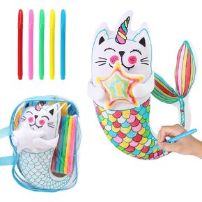 Coloring Plush Toy with 5 Washable Markers for Little Girls Doodle Dolls for Kids Ages 4-6 Birthday Christmas Presents (Fish Cat)