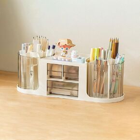 Rotating Desk Organizer with 3 Drawers 2 Pen Holders, Aesthetic White Makeup Brush Storage Multi-Layer Desk Caddy Cosmetics Organizer Art Supplies for Office Home School