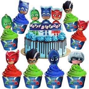Treasures Gifted Officially Licensed PJ Masks Party Decorations - Cake Topper Set - PJ Masks Birthday Party Supplies - (1) Cake Topper & (24) Cupcake Toppers & Wrappers