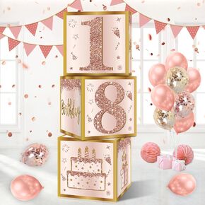 3Pcs Sweet 16 Party Decorations Boxes for Girls Women, Pink Rose Gold 16th Birthday Balloons Boxes Party Supplies, Pink Sweet Sixteen Bday Theme Cardboard Box Decor