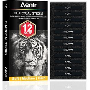 Compressed Charcoal Sticks Set of 12 – Soft, Medium, Hard Charcoal for Drawing, Sketching & Shading – Art Supplies for Artists, Beginners & Adults