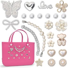 yuboo 22PCS Pearls Charms for Bogg Bag, Butterfly, Flowers, Bow and Chain for Bogg Bag Accessories, Compatible with Simply Southern Beach Tote, Insert for Rubber Beach Tote DIY Bling Decorations