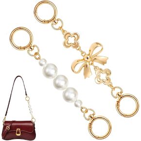 Yuanchu 2 Pcs Gold Bow Bag Extender Chain, Metal Pearl Wallet Extender Chains, Bow Pattern Purse Strap Replacement Decoration for Purses Bags Wallets