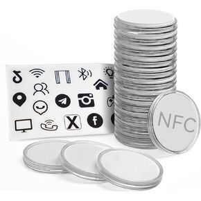50 psc NFC Tags,Programmable NFC Tags Sticker NTAG215 +10pcs Coin Protector Box+2pcs Sticker,Card with Sticky Back, Compatible with TagMo and NFC Enabled Devices
