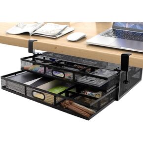 Under Desk Drawer Organizer No Drilling, 2 Layers Slide Out Drawer with 18 Adjustable Compartments, Large Metal Under Desk Storage Clamp On for Home Office (17.7x11.8x4.7)