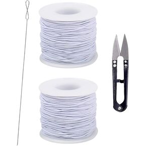 2 Rolls 1 mm x 330 Feet Elastic Bracelet String Cord Stretchy Beading Cord String Jewelry Making Cord Thread with U Shaped Scissor and Beading Needle White
