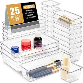 Clear Plastic Drawer Organizer Set – 25 PCS Stackable Storage Bins for Bathroom, Kitchen, Makeup, Office & Desk – Versatile Organizers for Home, Vanity & Bedroom